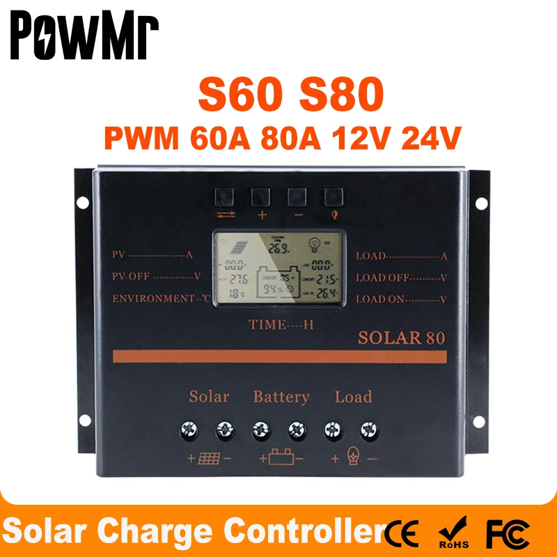 80A 60A Solar Panel Charge Controller 12V 24V Auto LCD USB Solar Battery Charger High Efficiency Solar 60 Solar80 PWM Regulator