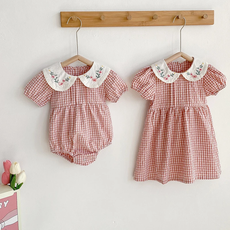 Kleinkind Baby Mädchen Grid Stickerei Kleider Sommer Mädchen Baby Romper Kleinkinder Baumwolle Kurzarm einteiliges Strampler – Detail 16