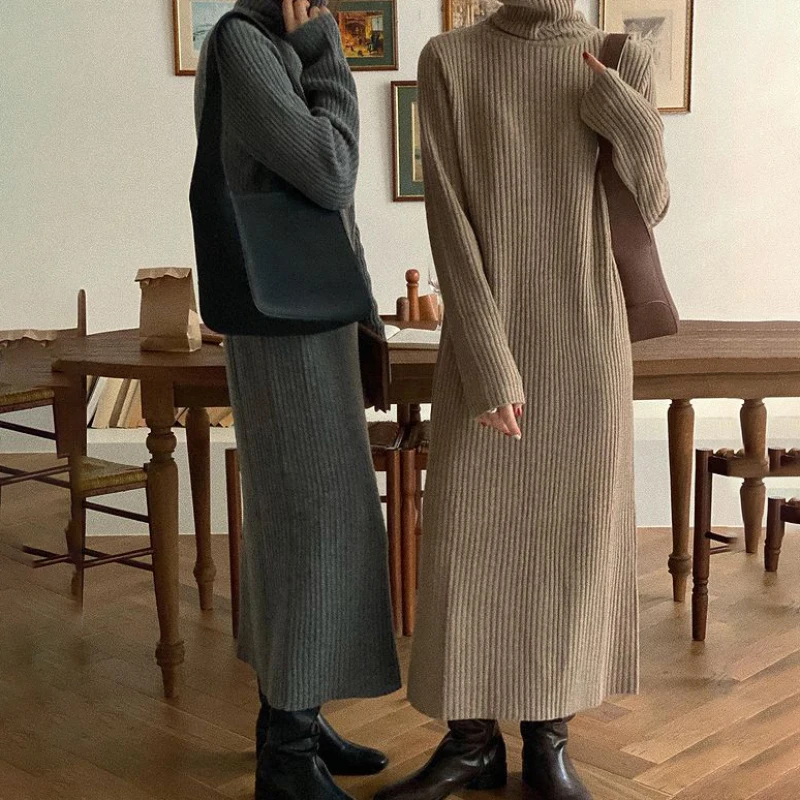 2022 Women Autumn Winter Turtle neck Knitted Long Sweater Dress Loose Basics Pullovers Jumper-Dresses