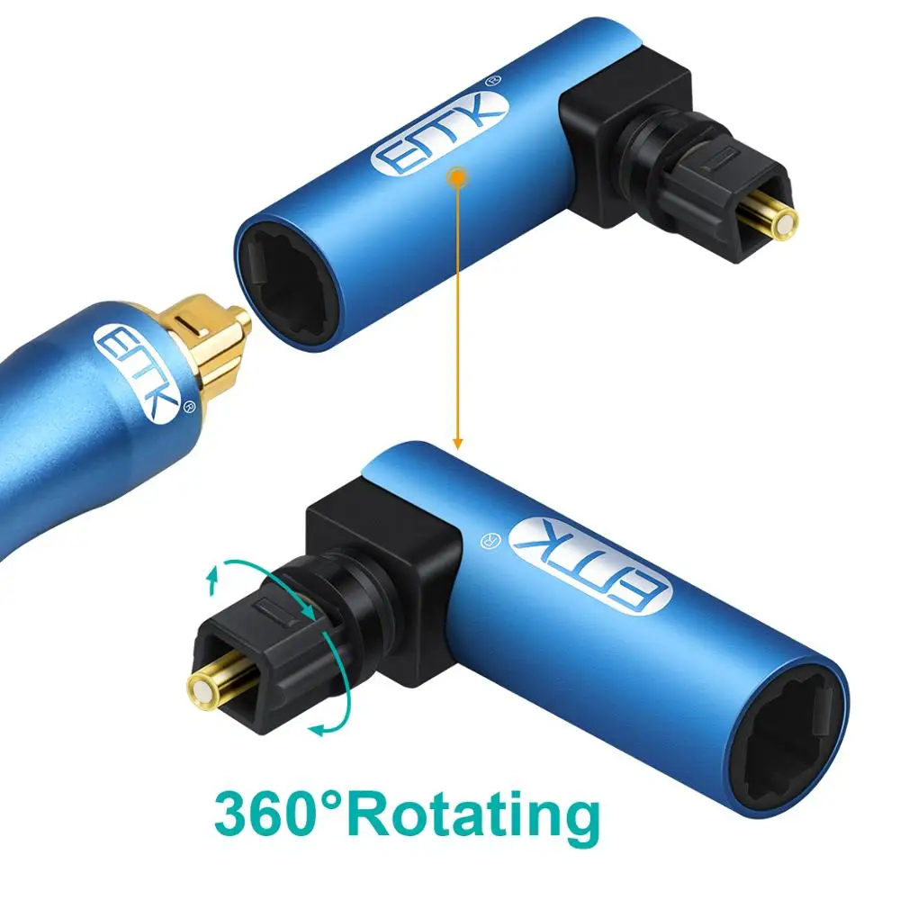 EMK kątowy cyfrowy optyczny przewód Audio SPDIF Toslink 90 stopni adapter optyczny 360 obrotowy obrotowy do głośnika Soundbox TV