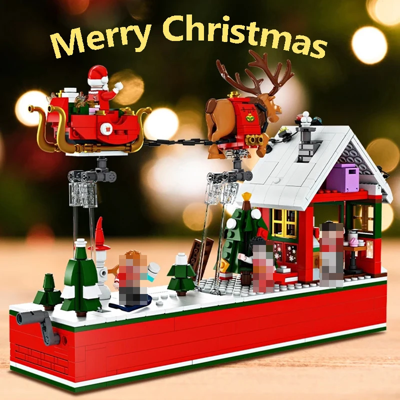 940pcs Flying Merry Christmas Xmas Party House Santa Claus Model Building Kit Blocks With 4 Dolls Toys For Children Gifts