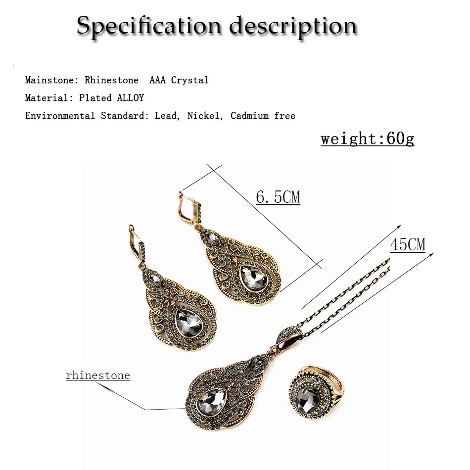 Sunspicems elegentボヘミアグレークリスタルイヤリングネックレスリング結婚式の宝石類セットアンティークゴールドカラー花嫁ギフト2020