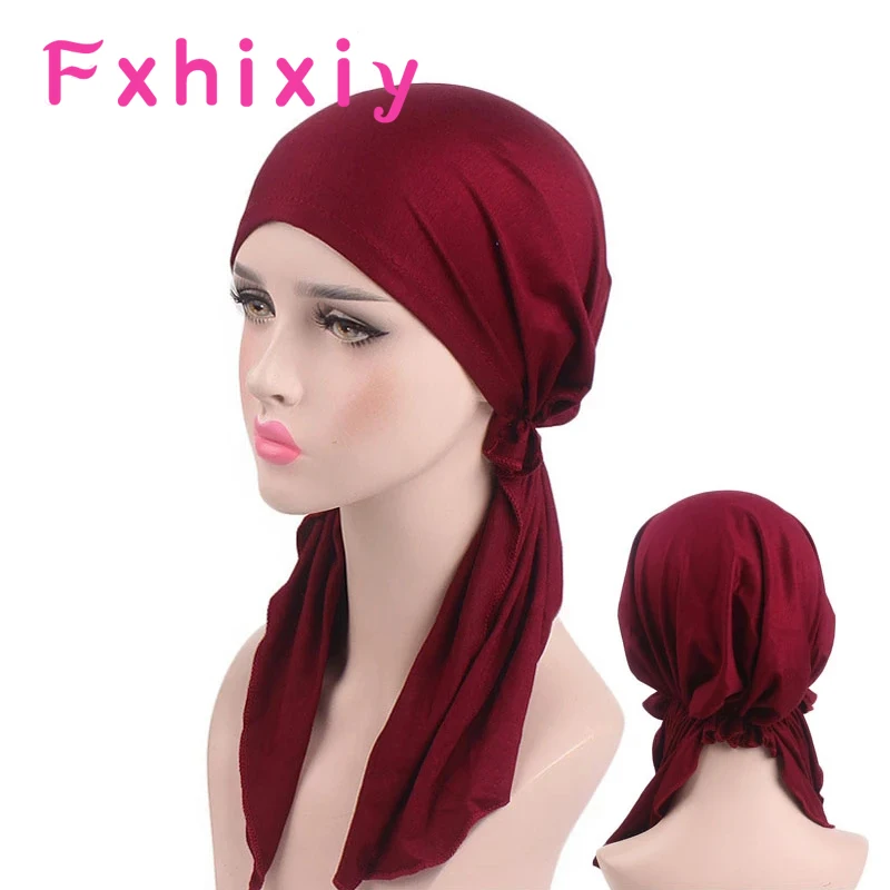 New Muslim Women Stretchy Solid Turban Hat Headscarf Pre-Tied Chemotherapy Cancer Chemo Beanies Headwear Hair Accessories