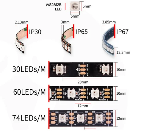 WS2812B/SK6812 Led Strip 30/60/74/96/144 pixels/leds/m WS2812 Smart RGB Led Light Strip Black/White PCB IP30/65/67 DC5V