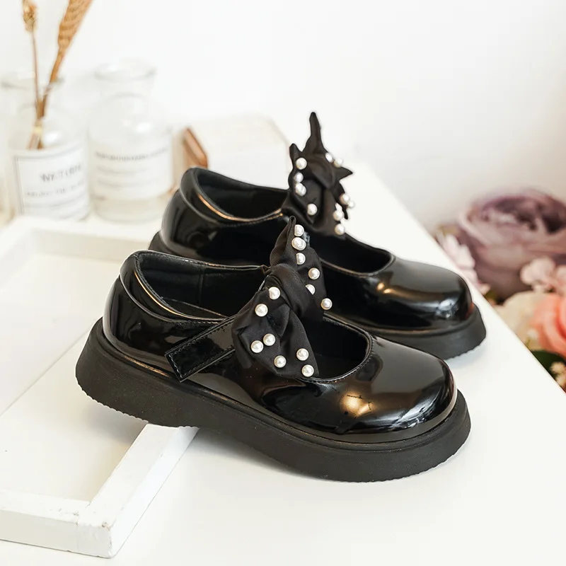 2021 Kids Shoe Girl Leather Shoes For Children Autumn Princess Student Dress Shoes Party Fashion Pearl Bow 3 5 7 8 9 10 12 Year