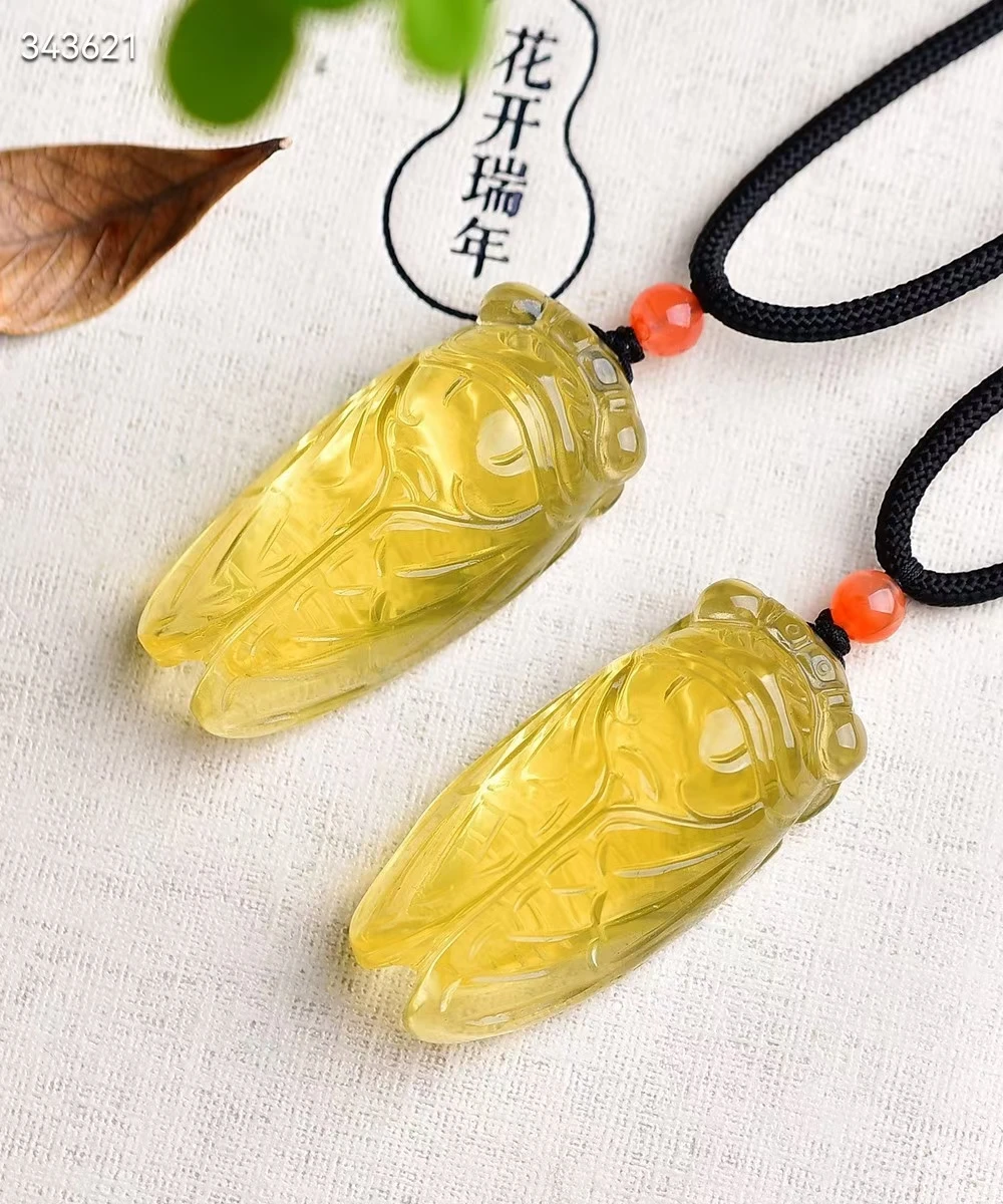 

Natural Yellow Citrine Quartz Cicada Carved Pendant 41*19*13mm Women Men Jewelry Clear Citrine Beads Necklace AAAAA