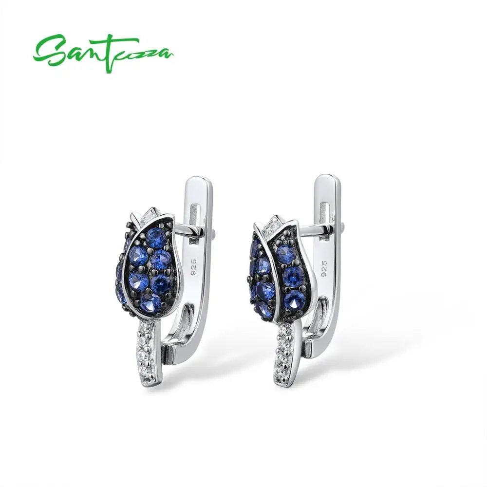 SANTUZZA Silver Earrings For Women 925 Sterling Silver Stud Earrings Silver Blue Tulip Cubic Zirconia brincos Fashion Jewelry