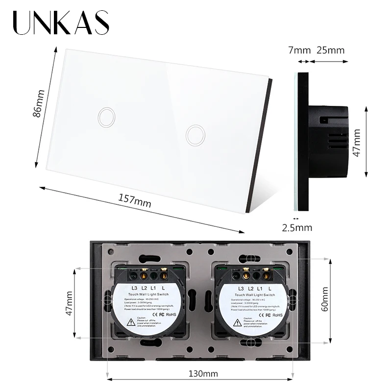 UNKAS Modules DIY Free Combination 2 3 4 5 6 7 8 Gang EU Matching Wifi Touch On/Off Smart Switch White Glass 157mm Panel Outlet