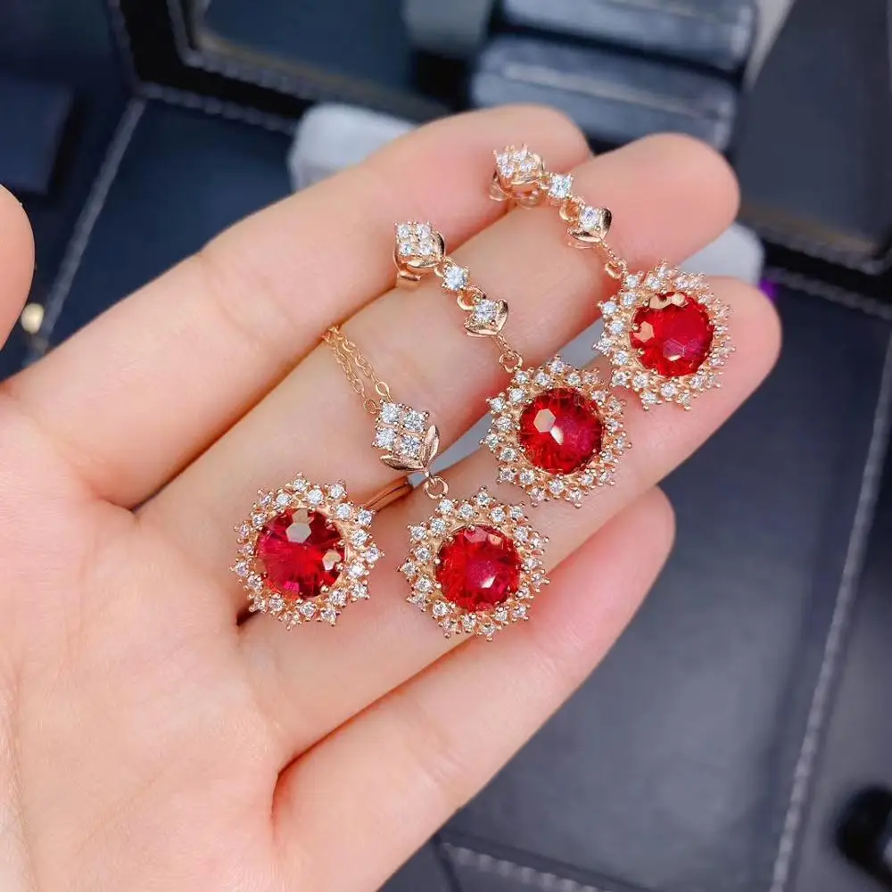 KJJEAXCMY fine jewelry natural red topaz 925 sterling silver luxury girl pendant necklace earrings ring set support test