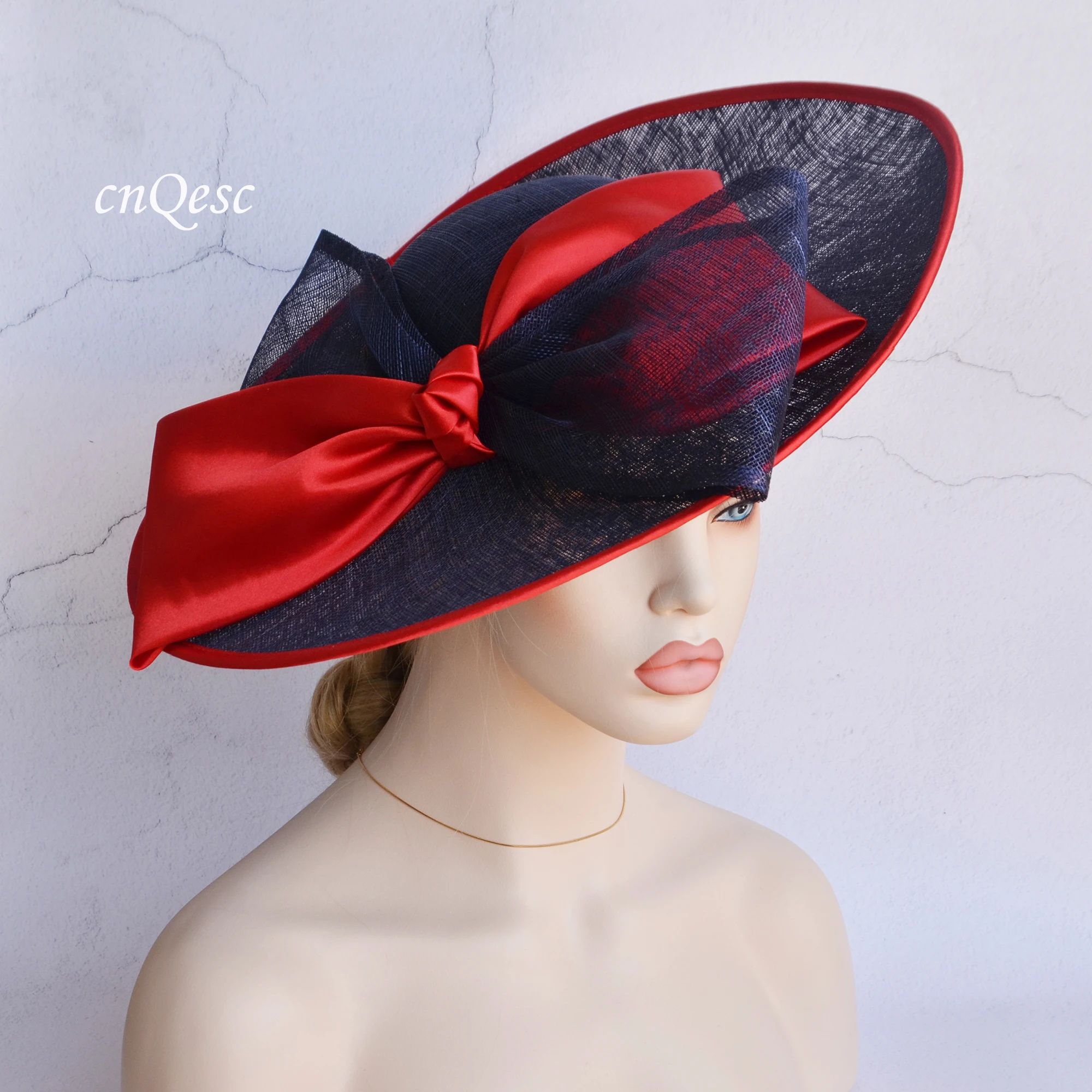 Red/Navy X Large Saucer Hatinator Sinamay Base Fascinator Wedding Hat With Bow For Kentucky Derby Races