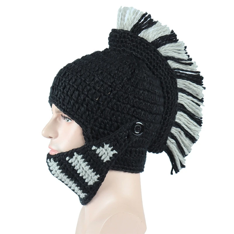 Men Women Funny Chunky Knitted Roman Knight Helmet Hat Contrast Color Tassel Barbarian Crochet Earflap Beanie Skull Cap with Fac