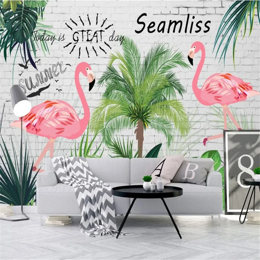 

Customized 3D background large wallpaper mural small fresh tropical rainforest banana leaf flamingo pastoral background wall