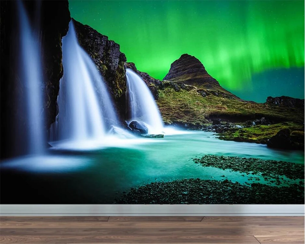 

beibehang Custom wallpaper 3d waterfall landscape sea night northern lights cool gorgeous TV background wall living room 3d обои