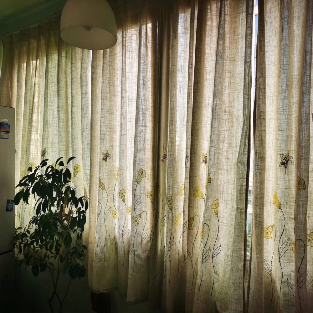 Cotton Linen Fabric Curtains, Flowers and Butterfly Embroidery Curtain Drapes for Bedroom,Semi-Blackout Cortinas for Living Room