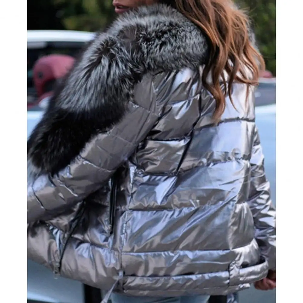 Casual Overcoat Bright Surface Women Jacket Skin-Touch Belt  Great Faux Fur Collar Lady Puffer Cotton Coat