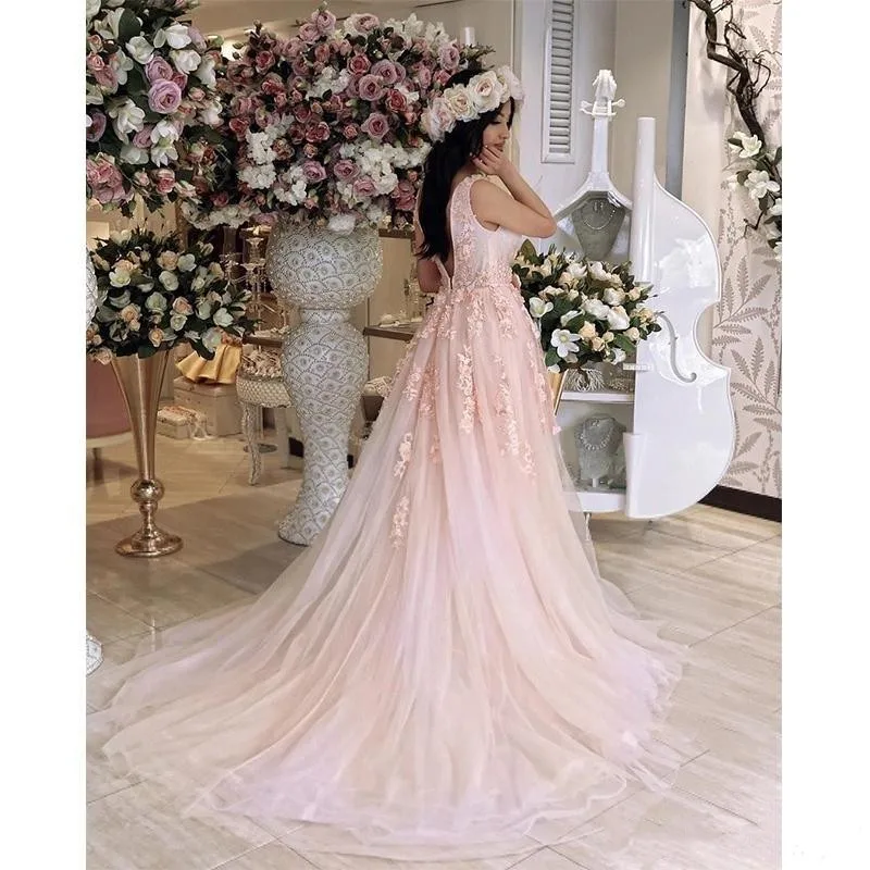 Blush Pink Mermaid Overskirt wedding Dresses With Detachable Train Lace Floral Sheer Neck Romantic wedding Gowns Vestido de fies