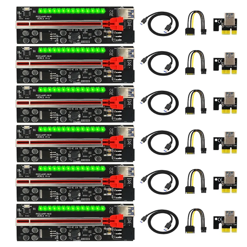 

6 PCS PCIE Riser VER12 Pro Cabo Riser PCI Express X16 Extender PCI E USB Riser 6Pin Adapter Card SATA 15pin for BTC Miner Mining