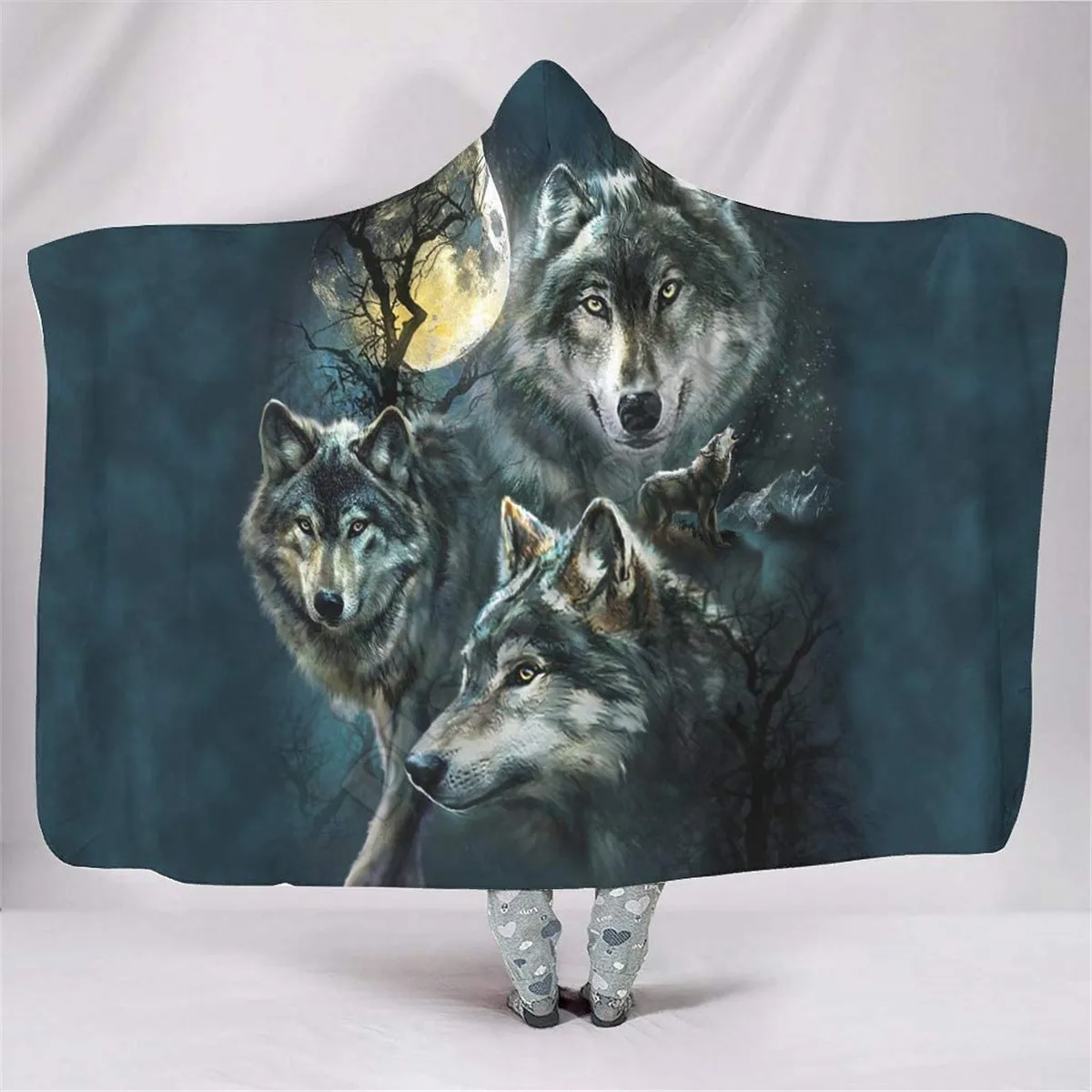 Three Wolfs and Moon Hooded Blanket Adult colorful child Sherpa Fleece Wearable Blanket Microfiber Bedding Drop Shipping