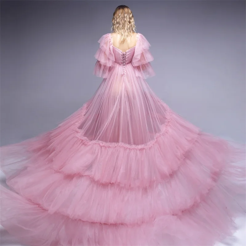 Immagine reale rosa donne incinte accappatoio fotografia indumenti da notte su misura Hi-Lo Puffy Tulle abito maternità servizio fotografico accappatoio