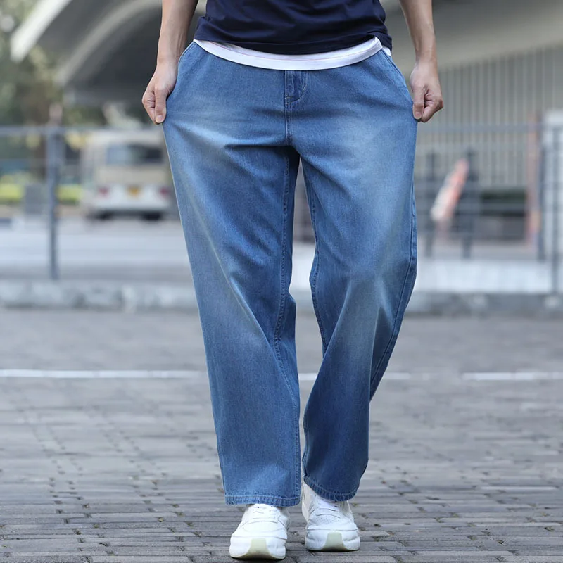 Summer Thin Section Breathable Men Jeans Blue Denim Wide Leg Pants Large Size Loose Baggy Hip Hop Skateboard  Straight Jeans