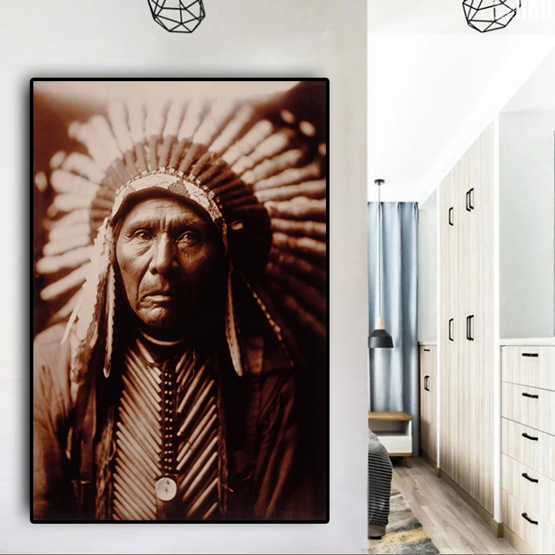 Schwarz-weiße indianische Porträtmalerei, Leinwandposter und Drucke, skandinavisches Wandkunstbild für das Wohnzimmer