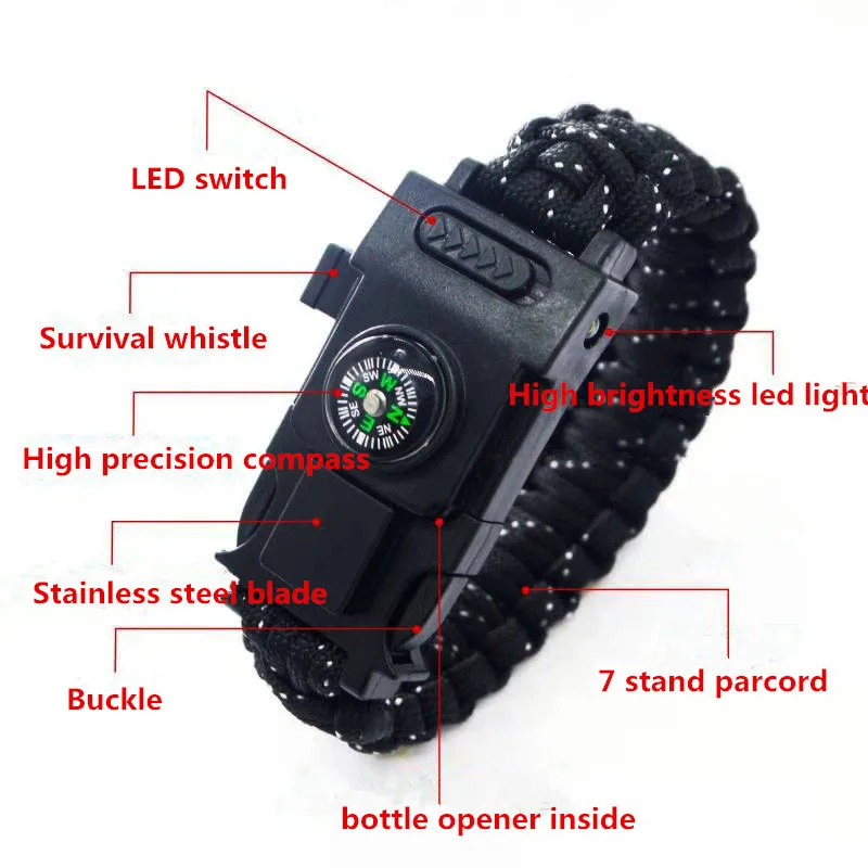 Outdoor Equipment reflective paracord Bracelet Fishing Line Tools Compass Survive Multi tools with Led Light for camping hiking