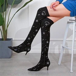 New Women Fashion Crystal Sock Boots Stretch Flock Over The Knee Long Boots Pointed Toe Zipper High Heels Woman Shoes Size 34-41