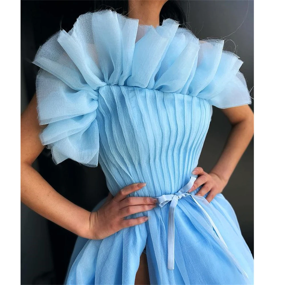 Eightree Sky Blue A Line Side Slit Weeding Party Dress Sashe Tulle Tiered Ball Gown Sweetheart Sleeveless Celebrity Dresses 2024