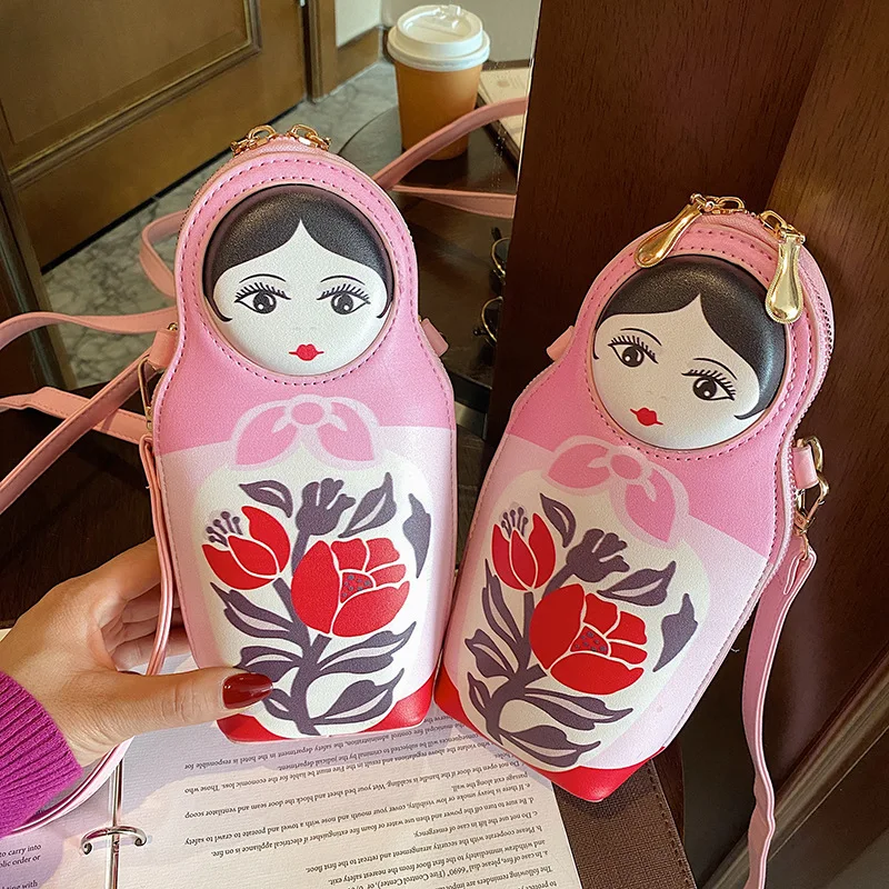 Kreatywna torba z nadrukiem Matryoshka damskie torby typu Crossbody damskie nowe modne torby ze skóry PU telefon i torebki torba na ramię Bolsas