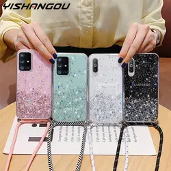 Neck Strap Clear Glitter Case For Samsung Galaxy A51 S20 S21 FE S23 Plus S22 S24 Ultra A14 A54 A53 5G A52 Lanyard Cover Fundas
