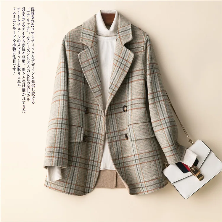 

Plaid Woolen Coat Cardigan Jacket Women's Wool Coats and Jackets Spring Winter 2021 Female Jacket Vintage Lattice Suit Jackets