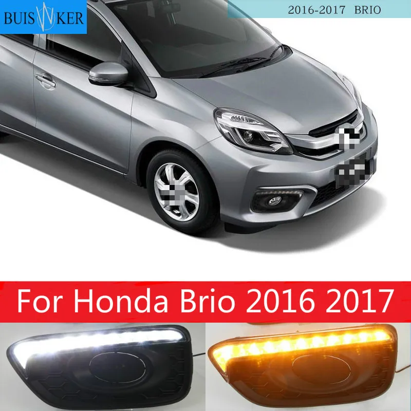 

2Pcs DRL For Honda Brio 2016 2017 Car 12V LED Daytime Running Light Fog Lamp cover daylight ABS with Yellow turn signal