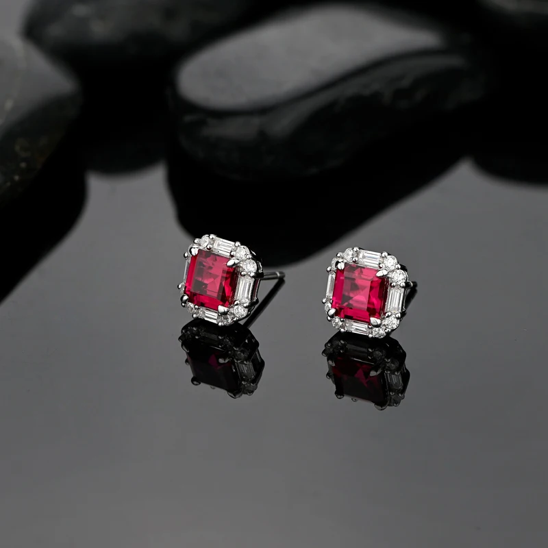 OEVAS 100% 925 Sterling Silver 6*6mm Ruby High Carbon Diamond 18K Gold Plated Stud Earrings For Women Sparkling Fine Jewelry