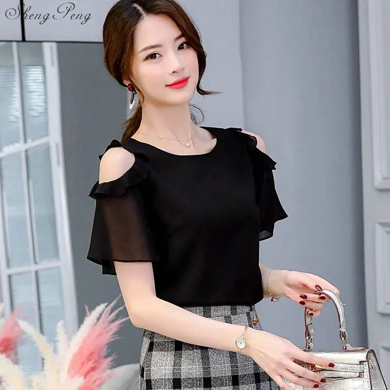 2023 Women Off Shoulder Short Sleeve Blouses Print Floral Chiffon Shirts Casual Ladies Clothing Female Blusas Women Tops V1768