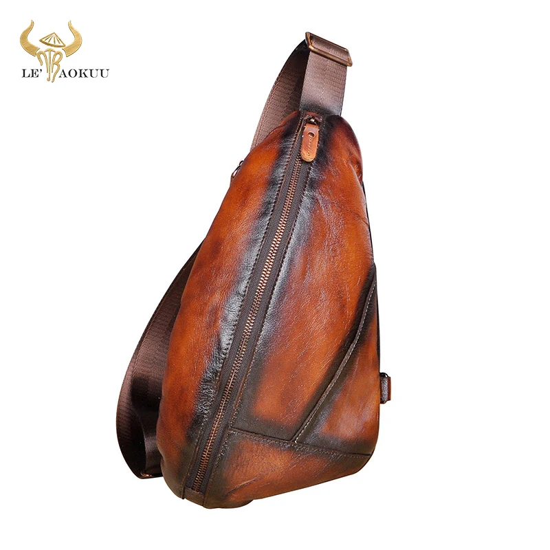 2020 Men Quality Real Leather Casual Triangle Chest Sling Bag Design One Shoulder Bag Fashion Cross-body Bag Day-pack Male 5059