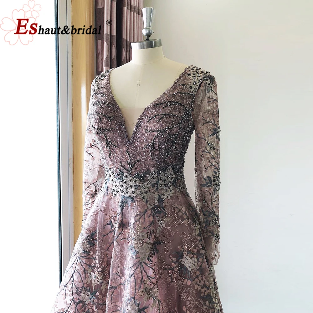 Vestidos de Noche árabes elegantes de manga larga para mujer 2024 Aline cuello en V encaje de cristal vestidos formales de fiesta de graduación y