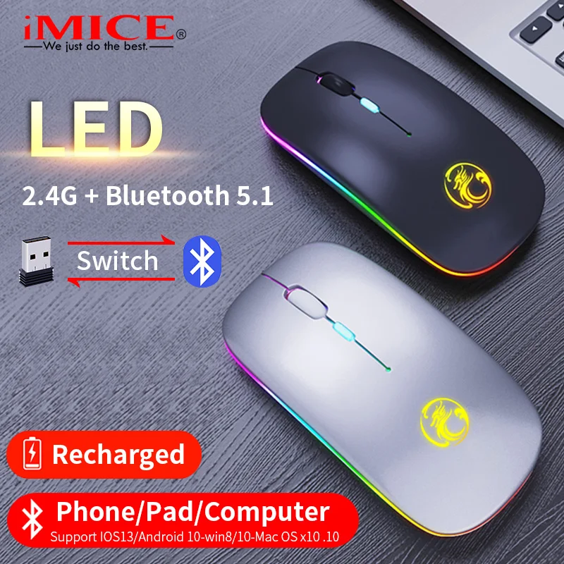 iMice RGB Rechargeable Bluetooth Mouse Wireless Silent USB Ergonomic Light Mouse Gaming Optical PC Mice for Laptop LED Backlit