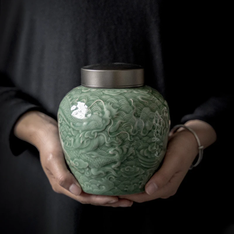 

Embossed Dragon Celadon Tea Tins Chinese Vintage Sealed Relief Craft Auspicious Clouds Tea Leaves Organizer Coffee Table Decor