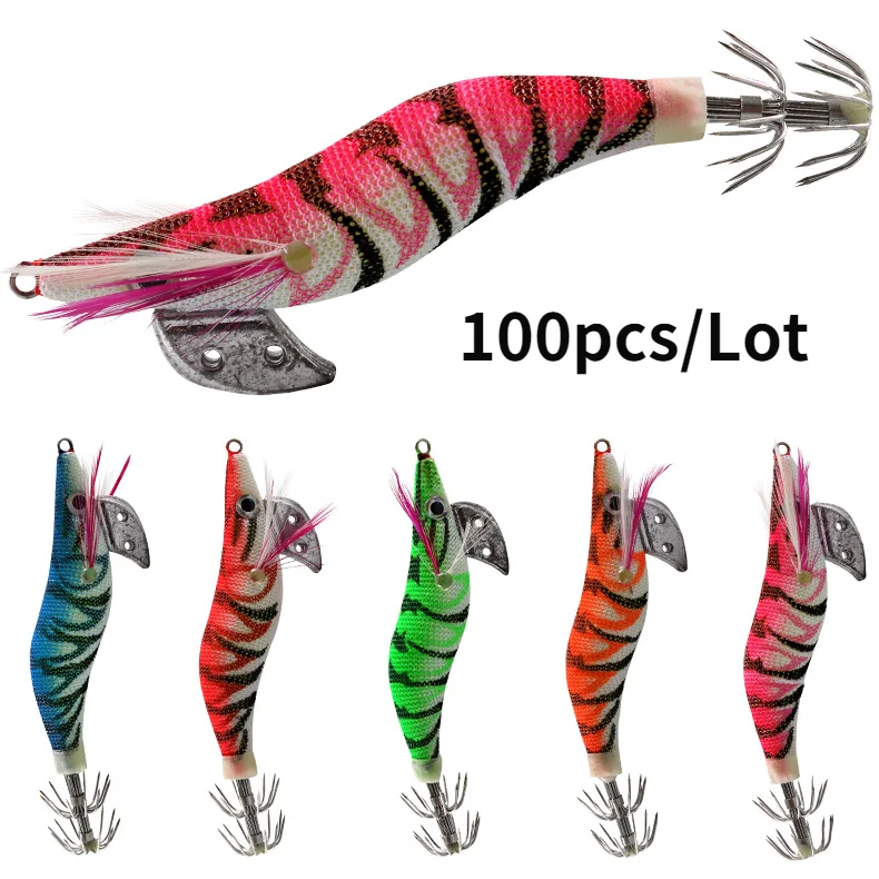 Wholesale 100pcs Fishing lure Shrimp Hard Bait Luminous Shrimp Squid Jigs Set Sea Fishing Lure Set Artificial Cuttlefish Octopus