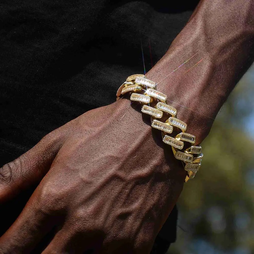 15mm width 5A iced out bling square cz cuban link chain bracelet for men Gold color hiphop jewelry