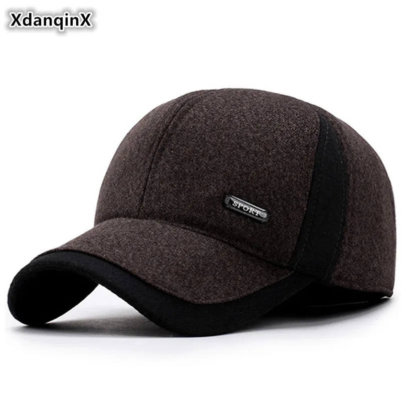 

XdanqinX Snapback Cap Winter Men's Warm Thick Cotton Baseball Caps With Ears Casual Fashion Sports Cap Middle-aged Earmuffs Hats