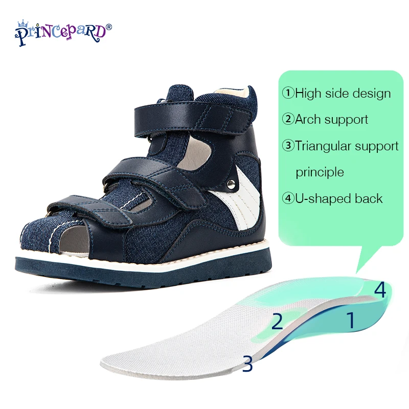 Princepard Denim Summer Breathable Closed Toe Sandals Children Orthopedic Shoes with High Back for Clubfoot Ankle Support Care