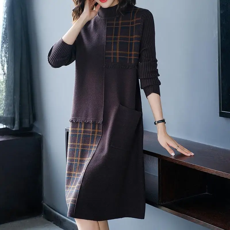 Vrouwen Herfst Lange Jurk Breien Trui Half Hoge Kraag Trui Patchwork Plaid Patroon Kwastje Vrouwelijke Bodem Kleding 2021 Nieuwe