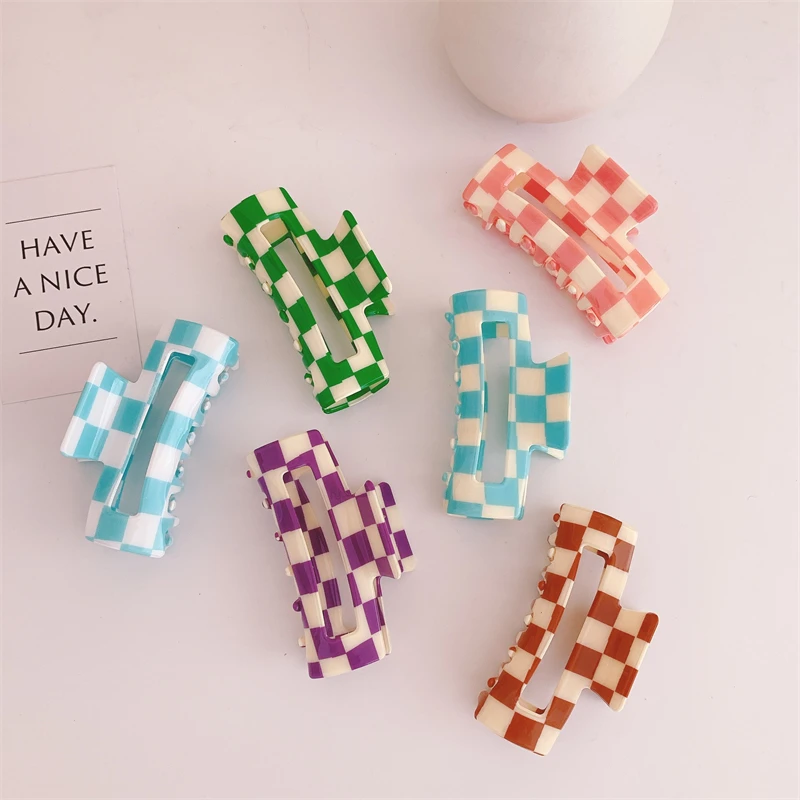 Women Elegant Black White Plaid Hair Claw Large Retro Rectangle Acrylic Hair Clip Crab Girl Hair Accessories