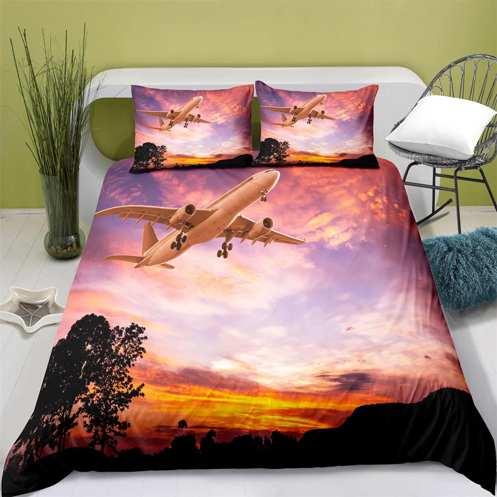 Home Textiles Printed Airplane Bedding Quilt Cover & Pillowcase 2/3PCS US/AE/UE Full Size Queen Bedding Set