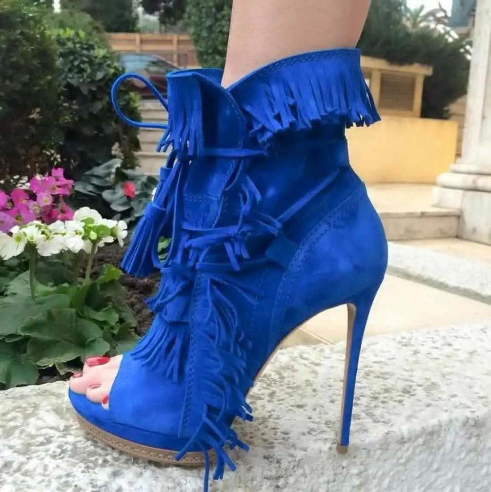 

Woman Sexy Autumn Peep Toe Tassel Short Boots Yellow Red Blue Suede Fringed Lace-Up Ankle Boots Platform Thin High Heel Boots