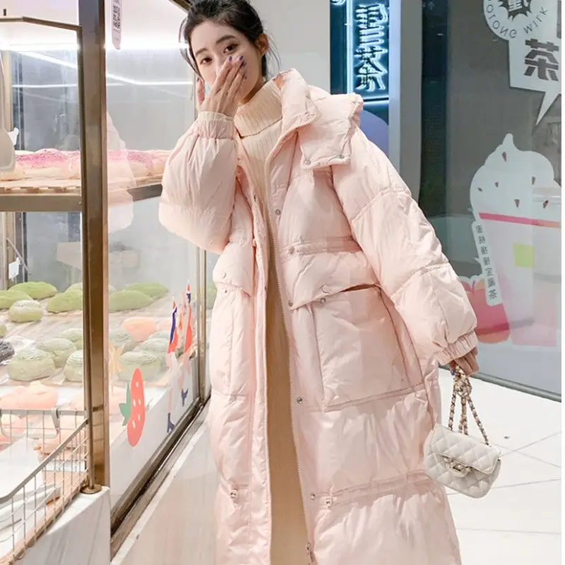 Women's 2024 new white duck down over the knee mid-length down jacket Korean style hooded loose coat women's clothing