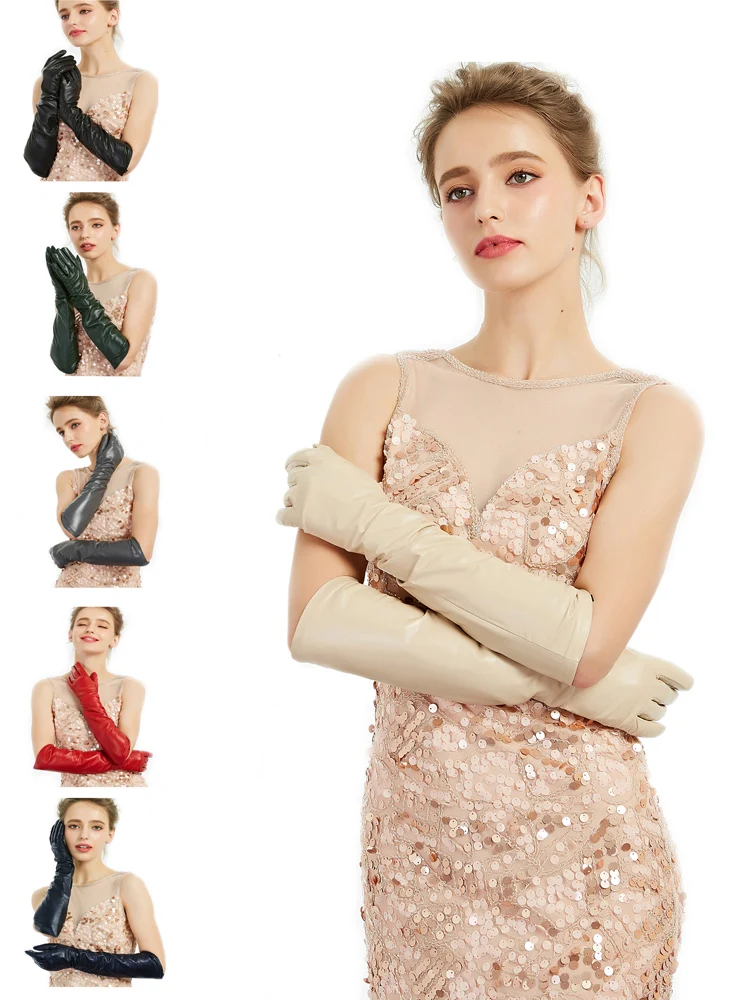 KIMOBAA Women Real Sheep Leather Classic Plain Elbow Long Gloves