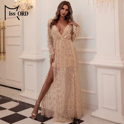 Missord Sexy See Though Party Dresses For Nigh Club Women Long Sleeves Deep V Neck Tassel Thigh Split Maxi Evening Prom Dress