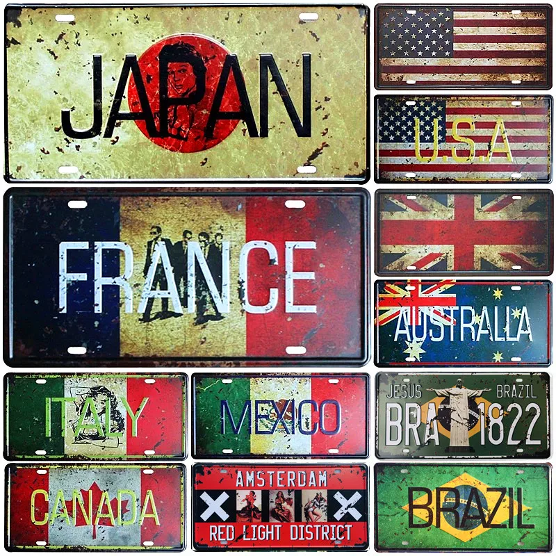 Japan USA Mexico Italy France Flag Car License Number Plate Amsterdam Metal Tin Signs Bar Pub Cafe Home Decor Garage Painting